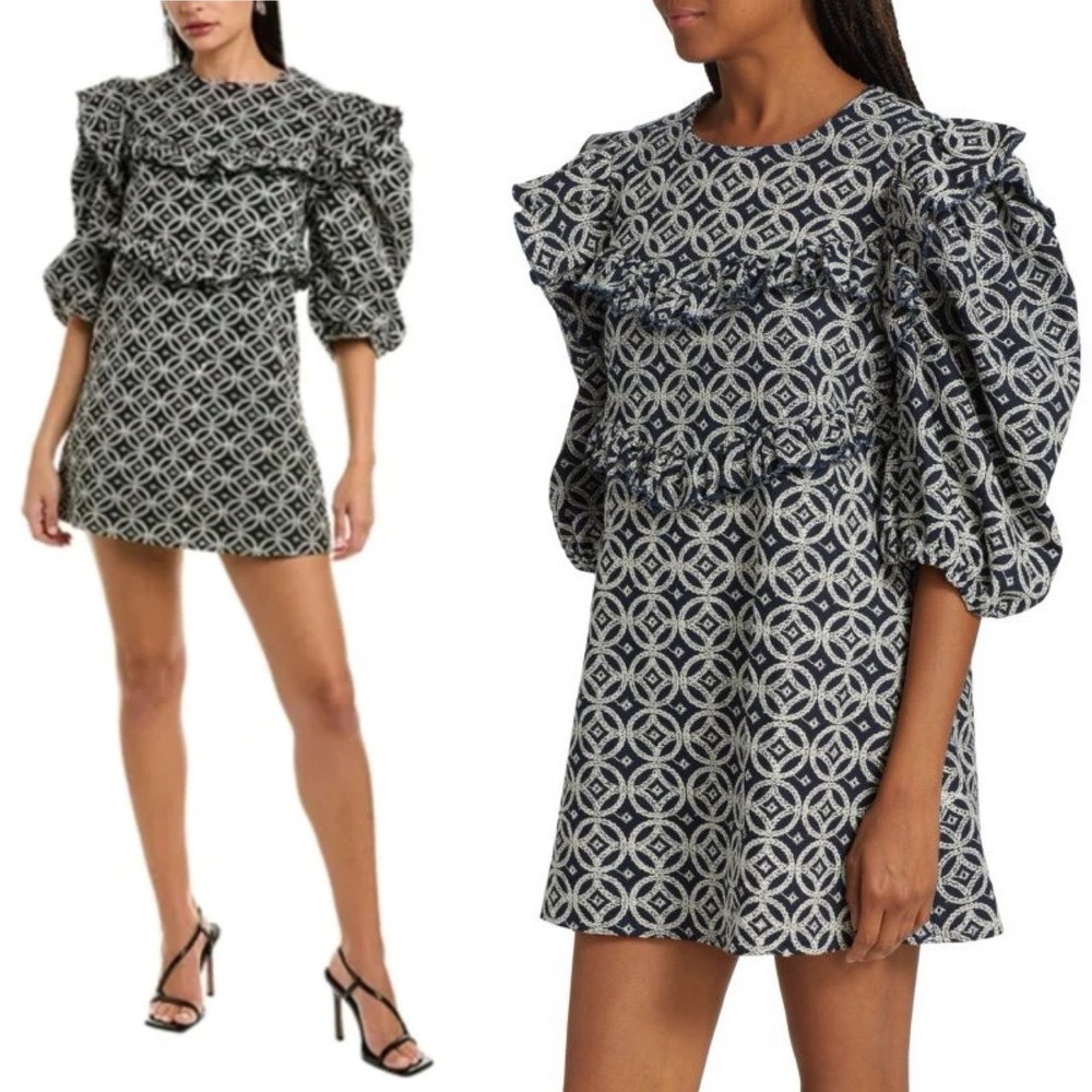 En Saison Denim Mini Dress Geometric Print Ruffle Trim 3/4 Sleeve Navy